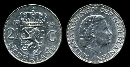Нидерланды 1964 г. • KM# 185 • 2 ½ гульдена • королева Юлиана • регулярный выпуск • MS BU • серебро