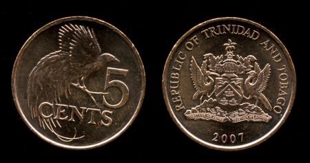 Тринидад и Тобаго 1976-2010 гг. KM# 30 • 5 центов • государственный герб • райская птица • регулярный выпуск • +/- BU