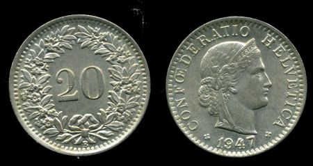 Швейцария 1947 г. B (Берн) • KM# 29a • 20 раппенов • регулярный выпуск • BU- ( кат.- $70,00 )