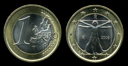 Италия 2008 г. KM# 250 • 1 евро • рисунок Леонардо да Винчи • регулярный выпуск • MS BU