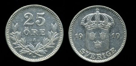 Швеция 1919 г. • KM# 785 • 25 эре • герб • серебро • регулярный выпуск • VF
