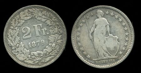 Швейцария 1879 г. B (Берн) • KM# 21 • 2 франка • серебро • регулярный выпуск • F ( кат. - $30.00 )