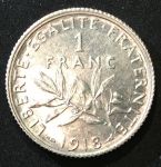 Франция 1918 г. KM# 844.1 • 1 франк • "Марианна"-сеятельница • серебро • регулярный выпуск • MS BU Люкс!