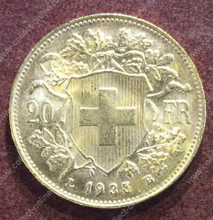 Швейцария 1935 г. LB • KM# 35.1 • 20 франков • золото 900 - 6.45 гр. • регулярный выпуск • MS BU Люкс!! 