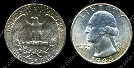 США 1943 г. • KM# 164 • квотер (25 центов) • Джордж Вашингтон • серебро • регулярный выпуск • MS BU