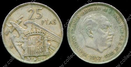 Испания 1957(61) г. • KM# 787 • 25 песет • Генерал Франко • регулярный выпуск • XF ( кат. - $35 )