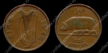Ирландия 1946 г. • KM# 10 • ½ пенни • арфа • свинья • регулярный выпуск • XF+