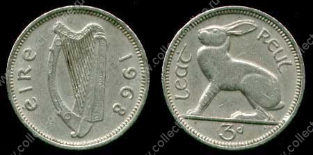 Ирландия 1967 г. • KM# 12a • 3 пенса • заяц • регулярный выпуск • XF-AU