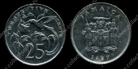 Ямайка 1987 г. • KM# 49 • 25 центов • колибри • герб • регулярный выпуск • BU-