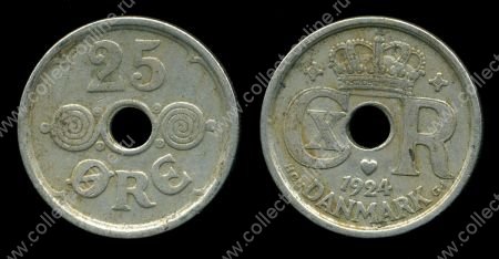Дания 1924 г. KM# 823.1 • 25 эре • королевская монограмма с короной • регулярный выпуск(первый год) • XF+ 
