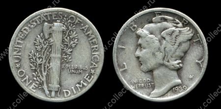 США 1939 г. • KM# 140 • дайм(10 центов) • "голова Меркурия" (серебро) • регулярный выпуск • VF