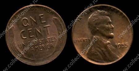 США 1955 г. • KM# A132 • 1 цент • Авраам Линкольн • регулярный выпуск • BU RED