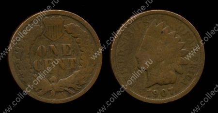 США 1907 г. • KM# 90a • 1 цент • "Индеец" • регулярный выпуск • F-