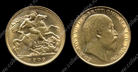 Великобритания 1909 г. • KM# 805 • соверен • золото • Эдуард VII • св. Георгий • регулярный выпуск • BU