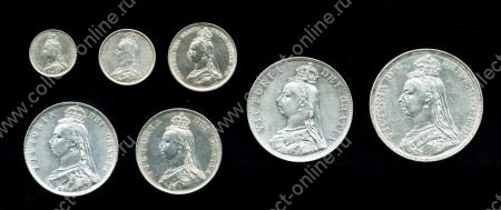 Великобритания 1887 г. • KM# 758-765 • 3 пенса - крона • Юбилейный набор • (7 монет) серебро • XF - AU