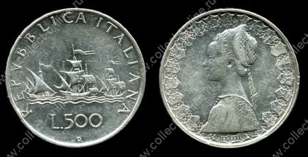 Италия 1959 г. • KM# 98 • 500 лир • Флотилия Колумба (серебро) • регулярный выпуск • AU+ 
