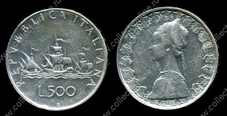 Италия 1959 г. • KM# 98 • 500 лир • Флотилия Колумба (серебро) • регулярный выпуск • XF-AU