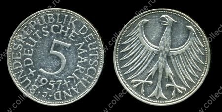 Германия • ФРГ 1957 г. J (Гамбург) • KM# 112.1 • 5 марок • серебро • регулярный выпуск • XF+ ( кат. - $40+ )