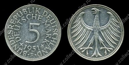Германия ФРГ 1951 г. • F (Штутгарт) KM# 112.1 • 5 марок • серебро • первый год чеканки типа • регулярный выпуск • XF ( кат.- $20,00 )