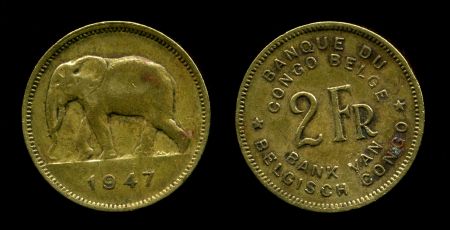 Бельгийское Конго 1947 г. • KM# 28 • 2 франка • слон • регулярный выпуск • XF-