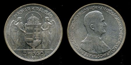 Венгрия 1930 г. • KM# 512.1 • 5 пенгё • 10-летие регенства адмирала Хорти • серебро • памятный выпуск • BU