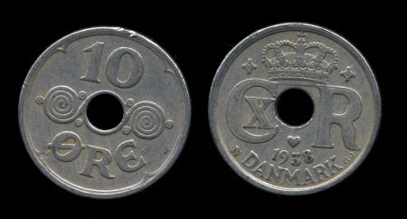 ДАНИЯ 1938г. KM# 822.2 / 10 ОРЕ  / XF / ГЕРБЫ