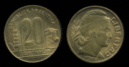 Аргентина 1948 г. • KM# 42 • 20 сентаво • корова • регулярный выпуск • MS BU