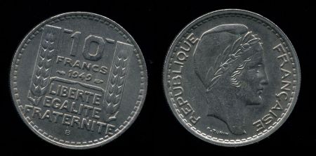 Франция 1949 г. B • KM# 909.2 • 10 франков • (большая голова) • регулярный выпуск • MS BU