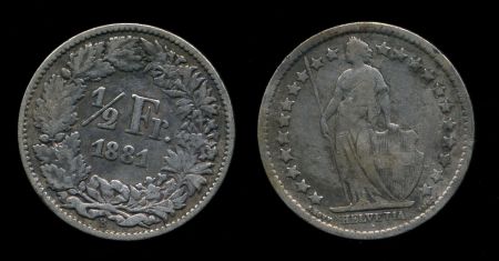 Швейцария 1881 г. B (Берн) • KM# 23 • 1/2 франка • серебро • регулярный выпуск • XF ( кат. - $135.00 )
