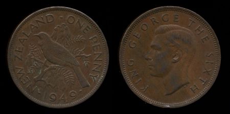 Новая Зеландия 1949 г. • KM# 21 • 1 пенни • Георг VI • птица туи • регулярный выпуск • AU ( кат.- $13 )