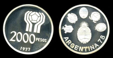 Аргентина 1977 г. • KM# 79 • 2000 песо • Футбол. Чемпионат мира 78 года (серебро 900 - 10 гр.) • памятный выпуск • BU- • пруф