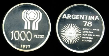 Аргентина 1977 г. • KM# 78 • 1000 песо • Футбол. Чемпионат мира 78 года (серебро 900 - 10 гр.) • памятный выпуск • BU- • пруф