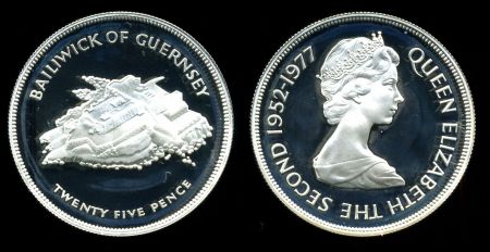 Гернси 1977 г. KM# 31 • 25 пенсов(крона) • 25-летие правления Елизаветы II • памятный выпуск (серебро) • MS BU пруф