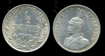Германская Восточная Африка 1907 г. J • KM# 9 • ½ рупии • Вильгельм II • регулярный выпуск • AU ( кат. - $200 )