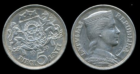 Латвия 1929 г. • KM# 9 • 5 латов • герб Республики • регулярный выпуск • BU