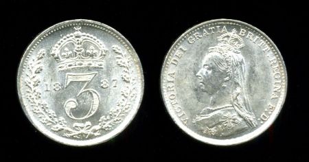 Великобритания 1887 г. • KM# 758 • 3 пенса • Королева Виктория(юбилейный портрет) • регулярный выпуск • MS BU