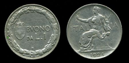 Италия 1924 г. R KM# 622 • 1 лира • "Италия" на троне • регулярный выпуск • XF+ ( кат. - $40+ )