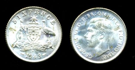 Австралия 1943 г. D • KM# 38 • 6 пенсов • Георг VI • серебро • регулярный выпуск • MS BU Люкс!