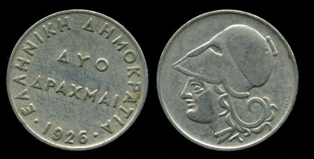 Греция 1926 г. • KM# 70 • 2 драхмы • богиня Афина • регулярный выпуск • XF-AU