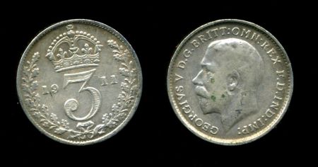 Великобритания 1911 г. • KM# 813 • 3 пенса • Георг V • регулярный выпуск • XF+