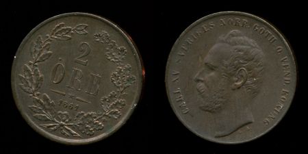 Швеция 1861 г. • KM# 706 • 2 эре • Карл XV Адольф • регулярный выпуск • MS BU красн.