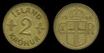 Исландия 1940 г. • KM# 4.2 • 2 кроны • государственный герб • регулярный выпуск • XF+