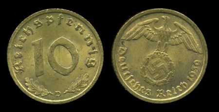 Германия 1939 г. D (Мюнхен) • KM# 92 • 10 рейхспфеннигов • орел на венке • регулярный выпуск • MS BU ( кат. - $30 )