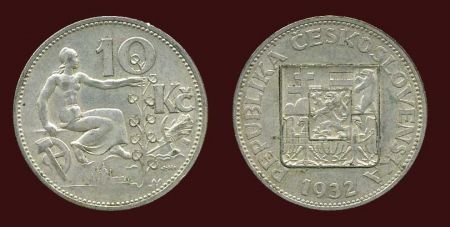 ЧЕХОСЛОВАКИЯ 1932г. KM# 15 10 КРОН СЕРЕБРО MS BU / ГЕРБЫ