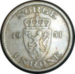 Норвегия 1951 г. • KM# 397.1 • 1 крона • регулярный выпуск(год-тип) • +/- XF