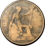 Великобритания 1917 г. • KM# 810 • 1 пенни • Георг V • "Британия" с трезубцем • регулярный выпуск • VG-F