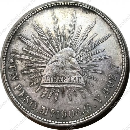 Мексика 1908 г. Mo GV (Мехико) • KM# 409.2 • 1 песо • орел • серебро • регулярный выпуск • BU-