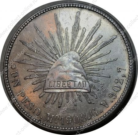 Мексика 1908 г. Mo GV (Мехико) • KM# 409.2 • 1 песо • орел • серебро • регулярный выпуск • BU*