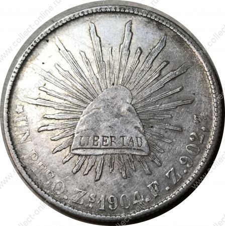 Мексика 1904 г. Zs FZ (Сакатекас) • KM# 409.3 • 1 песо • орел • серебро • регулярный выпуск • BU-