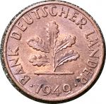 Германия • ФРГ 1949 г. F (Штутгарт) • KM# A101 • 1 пфенниг • дубовые листья • регулярный выпуск • XF-AU